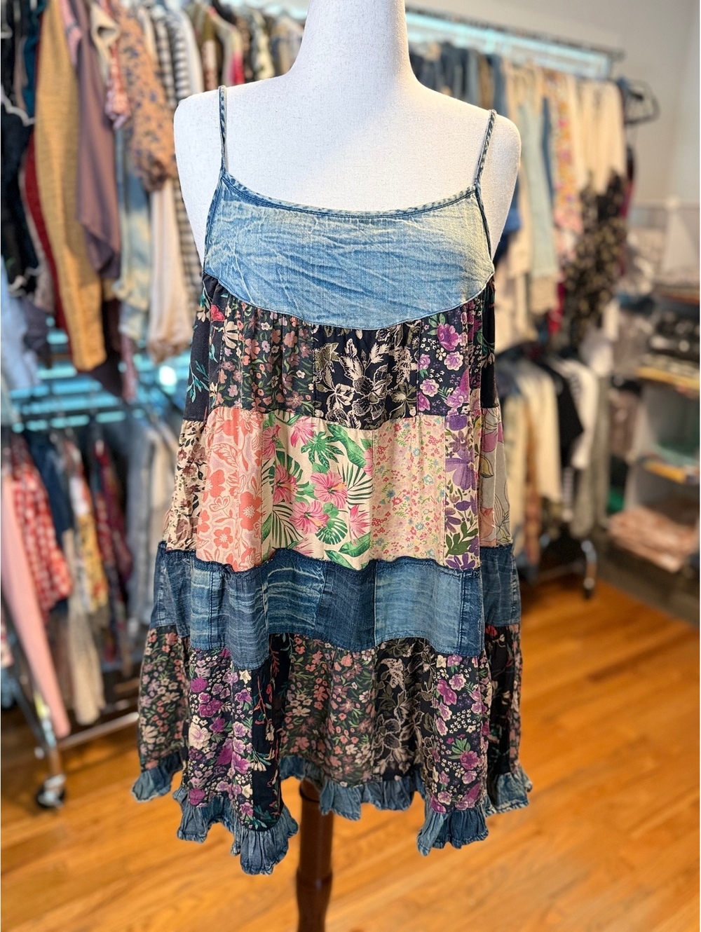 YOUNG THREADS Patchwork Denim Floral Babydoll Dress NWT XL